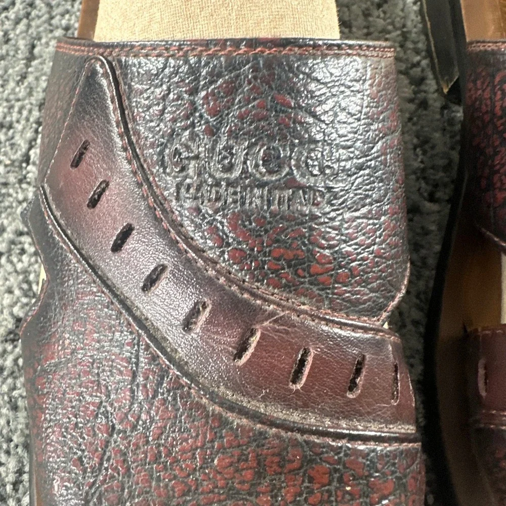 VTG Gucci Slide Sandals Mens 9 Dark Brown Leather Square Toe Made in Italy